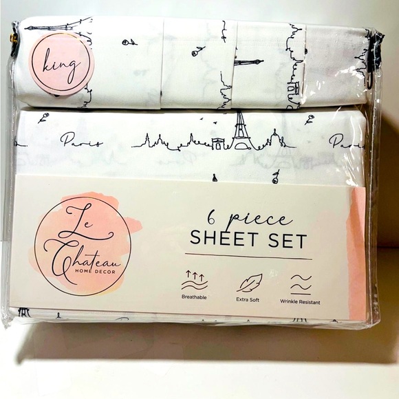 Le Chateau Home Decor 6 Piece King Size Sheet Set Paris France Eiffel Tower - Picture 1 of 11